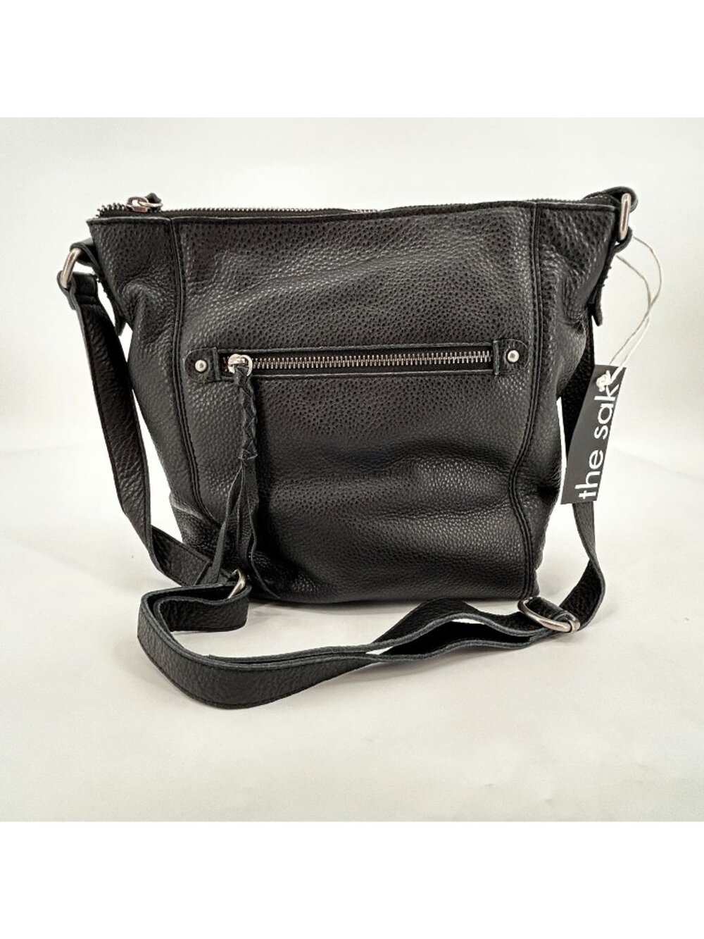The Sak Ashland Crossbody Black Leather Zip Adjustable Strap Silver Lined Pocket